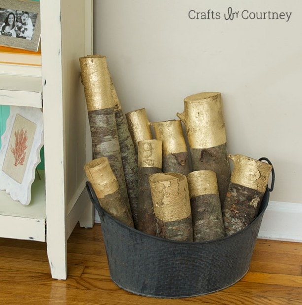DIY Gold Painted Decorative Firewood for Fall Decor