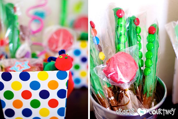 The Very Hungry Caterpillar Birthday Party: Party Favors: Pom Pom Caterpillars and Pretzels Caterpillars