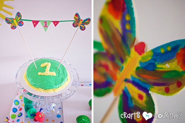 The Very Hungry Caterpillar Birthday Party: Caterpillar Cupcake Station: Smash Cake and Butterfly Birthday Banner