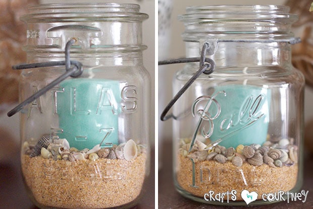Summer Beach Decor Inspiration: Entertainment Center: Mason Jars Filled with Sand and Candles