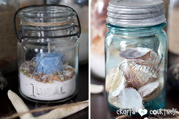 Summer Beach Decor Inspiration: China Cabinet: Mason Jars Filled with Candles and Shells