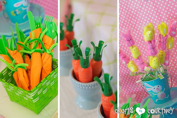Easter Party: Display Table: Carrot Silverware, Peeps Easter Kabobs