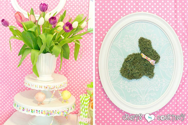 Easter Party: Display Table: Tulip Flower Arrangement and Easter Moss Bunny