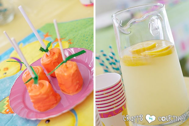 Easter Party: Sweet Treats Table: Marsh Mellow Carrots and Lemonade