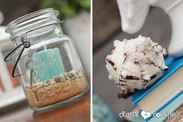 Summer Beach Decor Inspiration: Entertainment Center: Mason Jar Filled with shells and Teal Candle