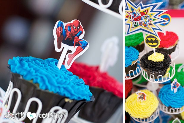 Superhero Birthday Party: Superhero Display Table: Spiderman Cupcake Toppers