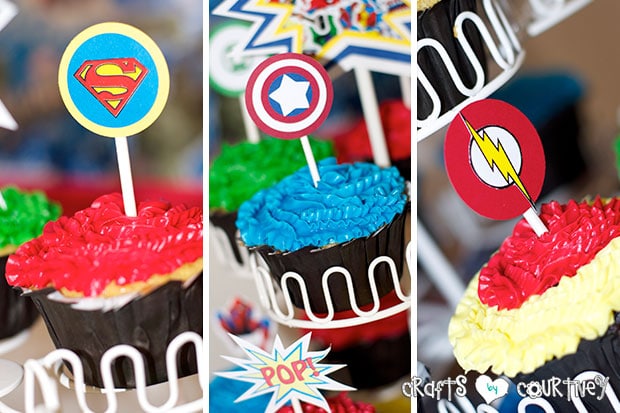 Superhero Birthday Party: Superhero Display Table: Handmade Cupcake Toppers