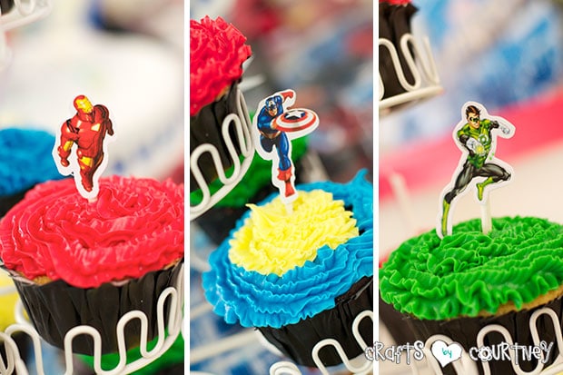 Superhero Birthday Party: Superhero Display Table: Sticker Cupcake Toppers