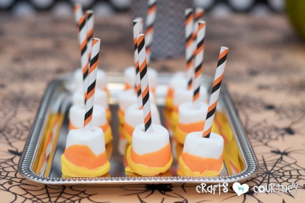 Witches and Wizards Halloween Pumpkin Decorating Party: Display Table: Candy Corn Marshmallows