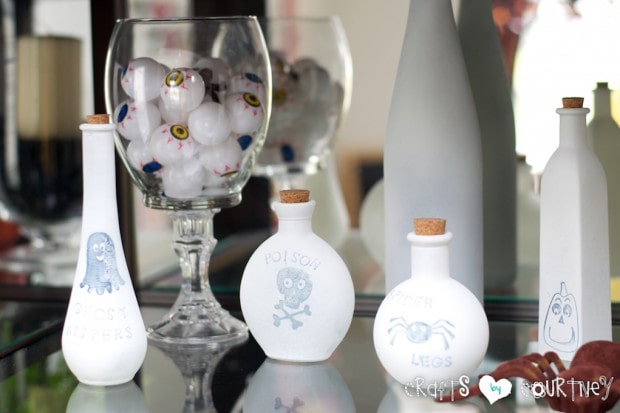 Wicked Halloween Decor Inspiration: China Cabinet: Potion Bottles