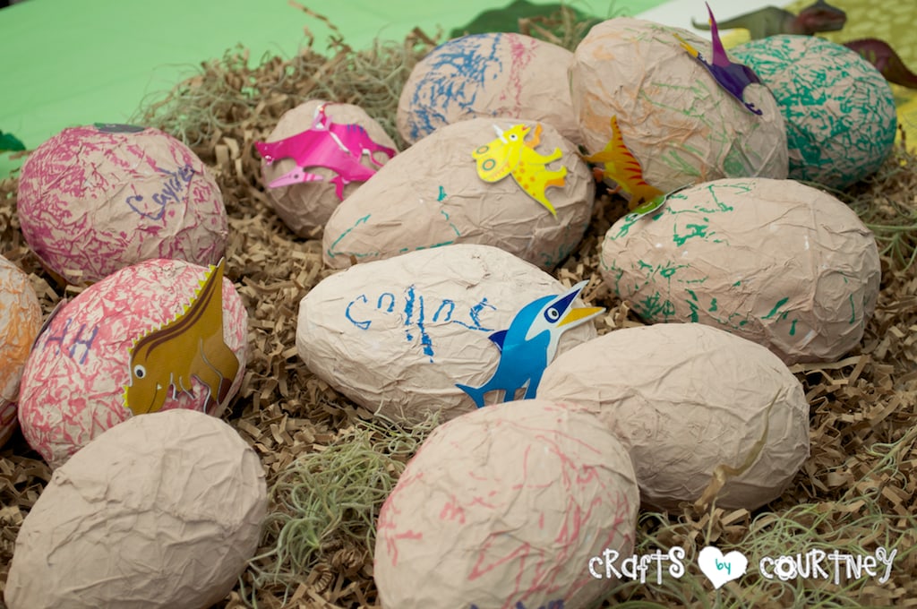 Dinosaur Birthday Party: The kids had a great time decorating their paper mache dinosour eggs
