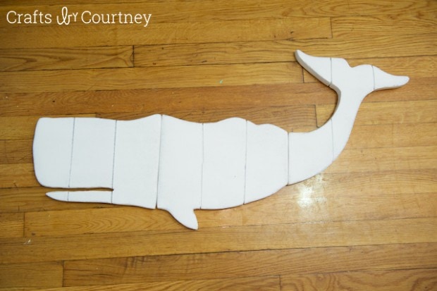 Faux wood whale wall art using styrofoam