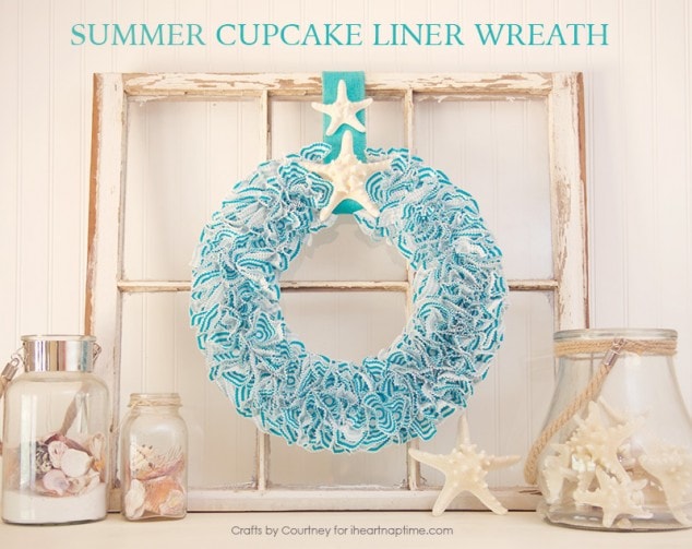 Create a fun Summer DIY Wreath using cupcake liners!! It’s so easy and looks perfect for any Summer decor. I added a couple seashells to finish off with a coastal look.
