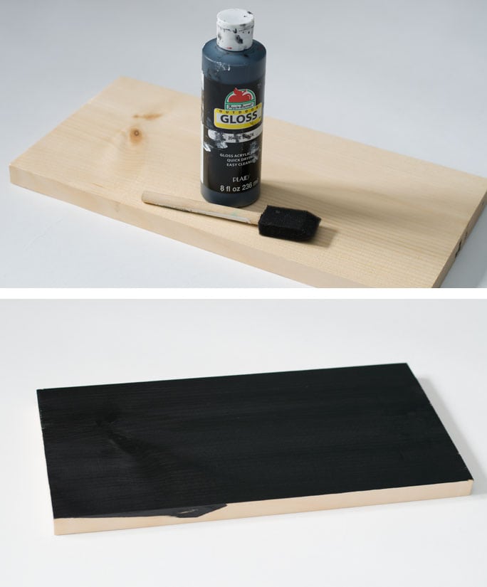 Start off by painting your board black. For this craft you can use whatever size board you want.  You just need to measure the front correctly with your cutting machine.