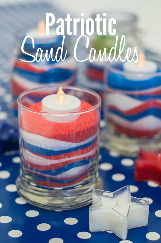 I loved the idea of making some DIY Patriotic Candles with sand. These would be awesome as centerpieces at a 4th of July party or Memorial Day BBQ.
